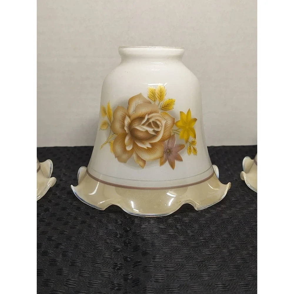 3 Chandelier Lustre Milk Glass‎ Replacement Lamp Shade Tan Brown Rose Floral